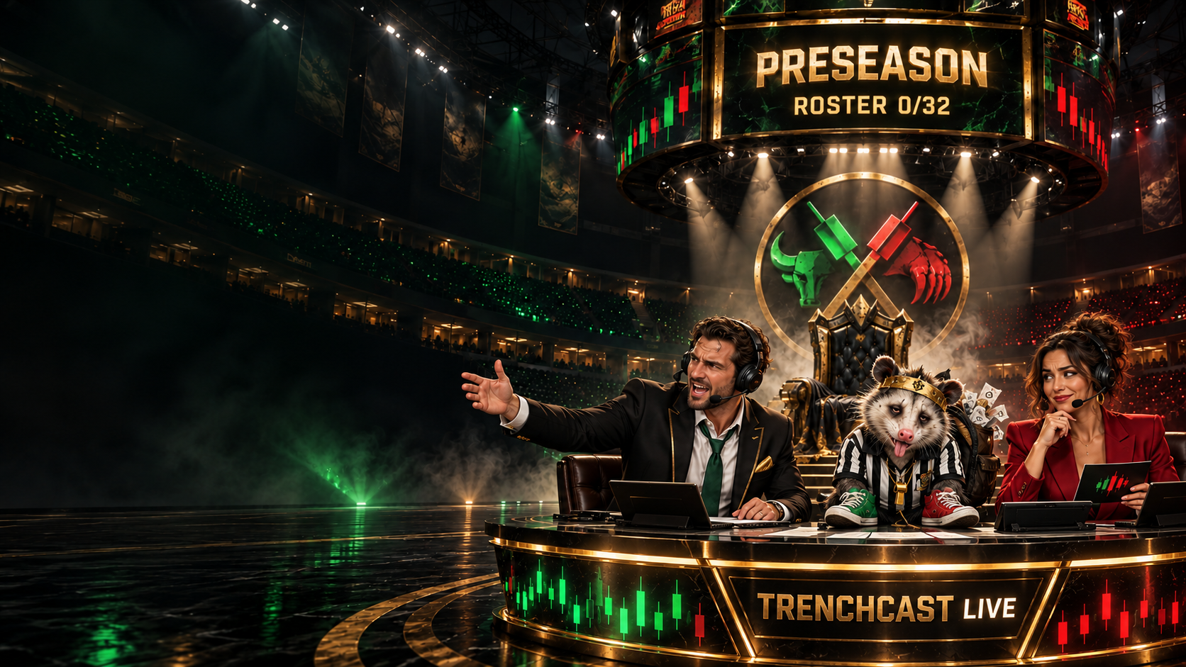 Trench League arena with live commentators and Coach Baggs at the broadcast desk